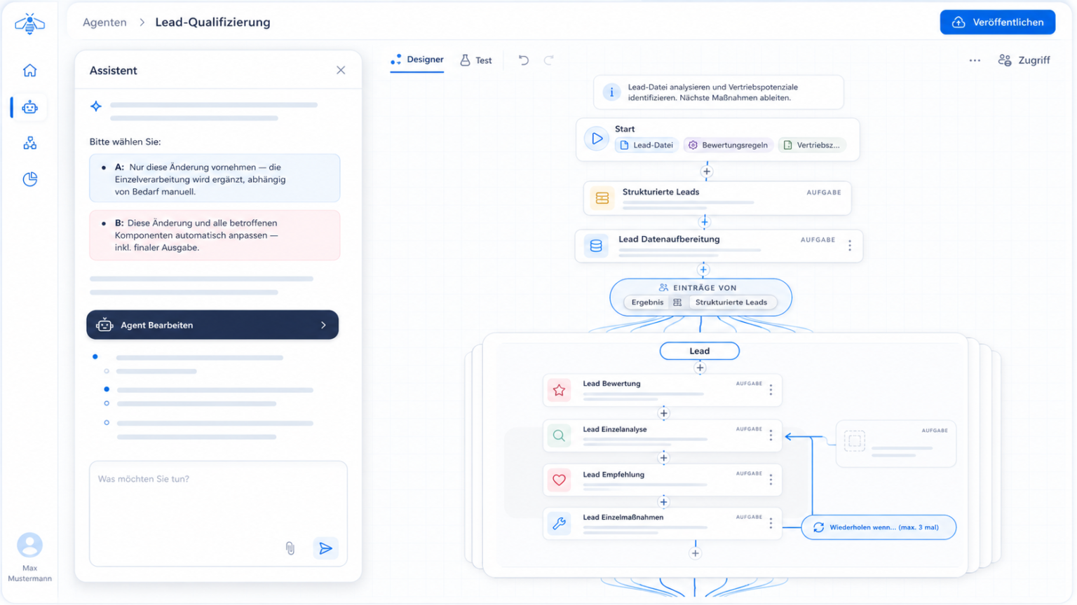 KI-Assistent erstellt und optimiert automatisch einen Workflow am Beispiel Lead-Qualifizierung mit Agenten, Aufgaben und integrierten Datenquellen