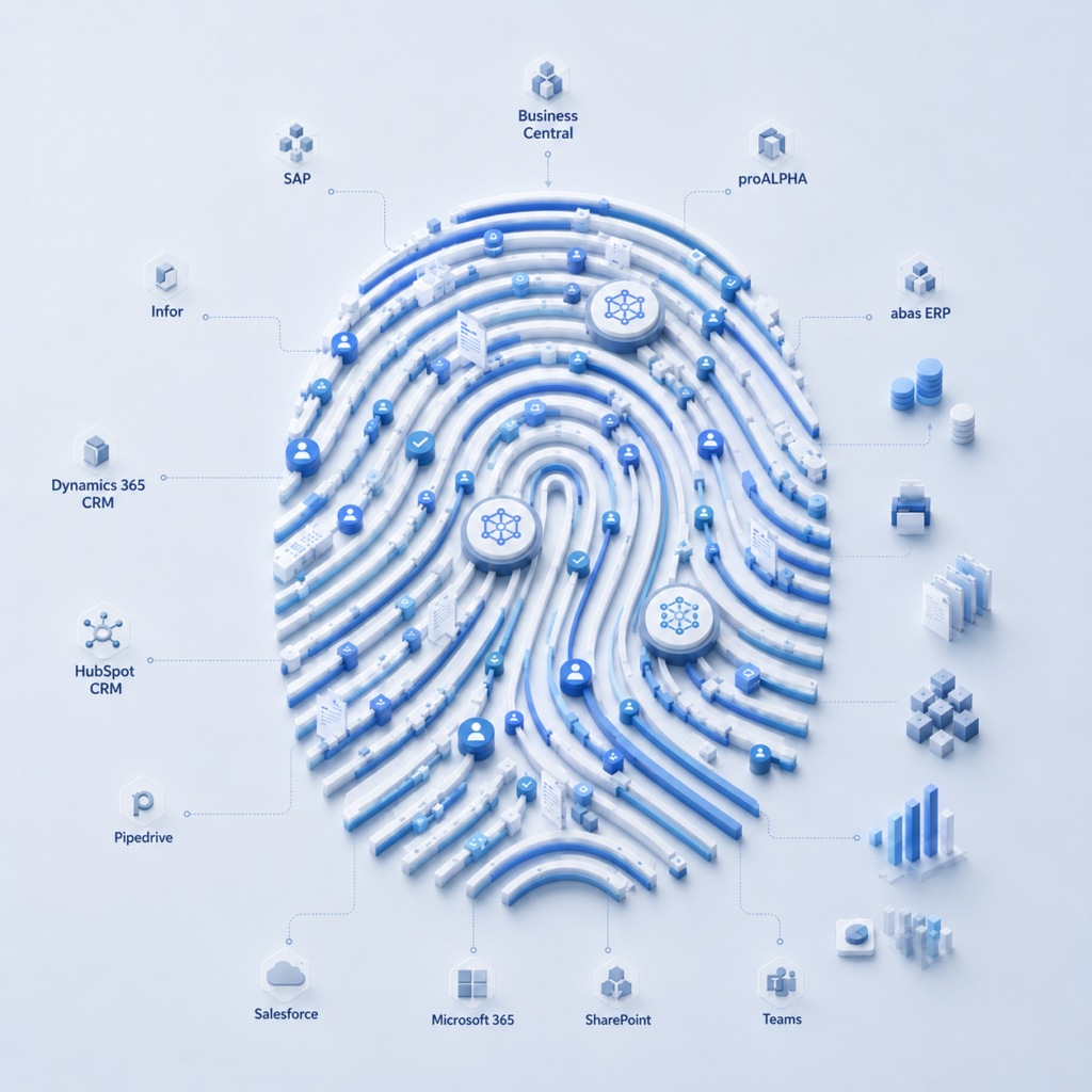 KI-Agenten-System in Form eines Fingerabdrucks mit angebundenen Unternehmenssystemen wie SAP, Microsoft 365, Salesforce und CRM-Lösungen zur individuellen Prozessintegration