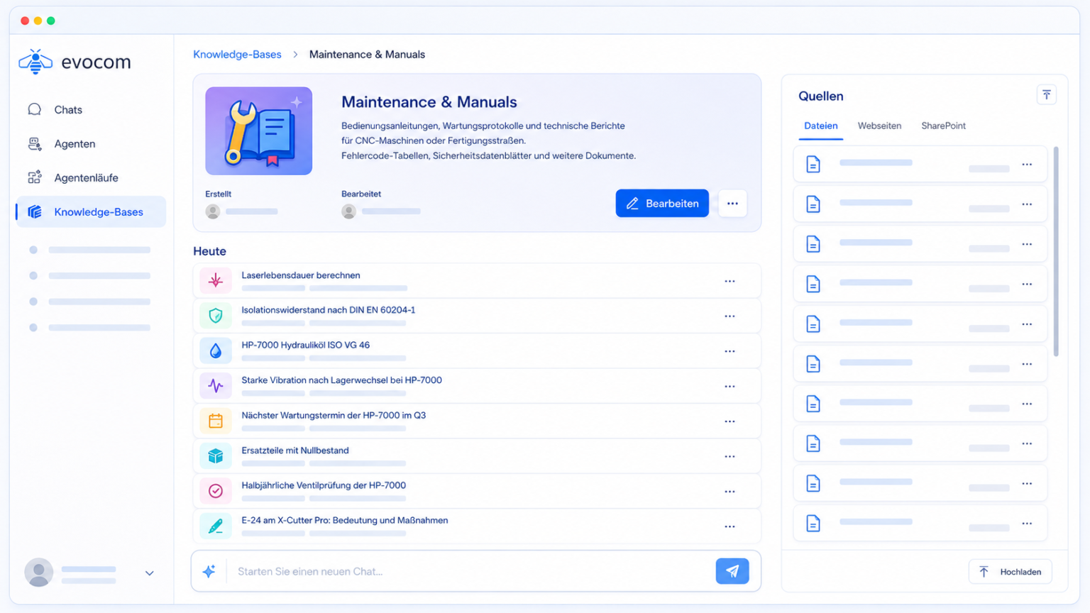 Zentrale Knowledgebase mit Dokumenten, Quellen und Chat-Funktion für KI-Agenten in einem Unternehmenskontext