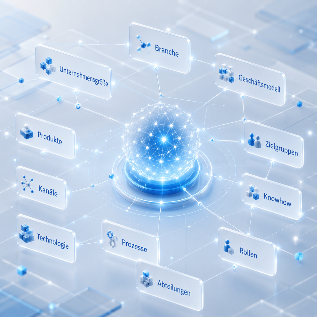 Mehrdimensionaler Knowledge Graph mit Unternehmenskontext, der Branche, Unternehmensgröße, Geschäftsmodell, Produkte, Zielgruppen, Kanäle, Knowhow, Technologie, Prozesse, Abteilungen und Rollen verbindet.