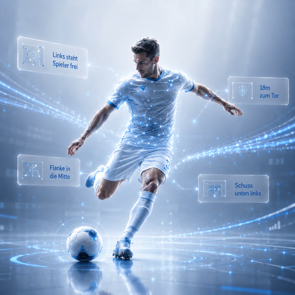 Digitaler Fußballprofi mit taktischen Hinweisen als Metapher für das Training und die Optimierung von KI-Agenten mit Daten und Wissen.