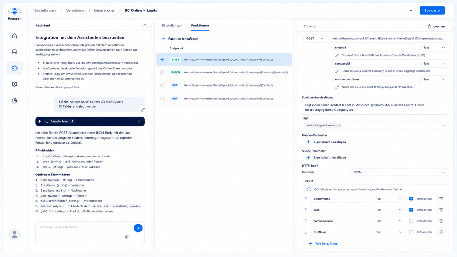 KI-Assistent unterstützt bei der detaillierten Konfiguration von API-Integrationen mit Methoden, Parametern und Datenstrukturen.