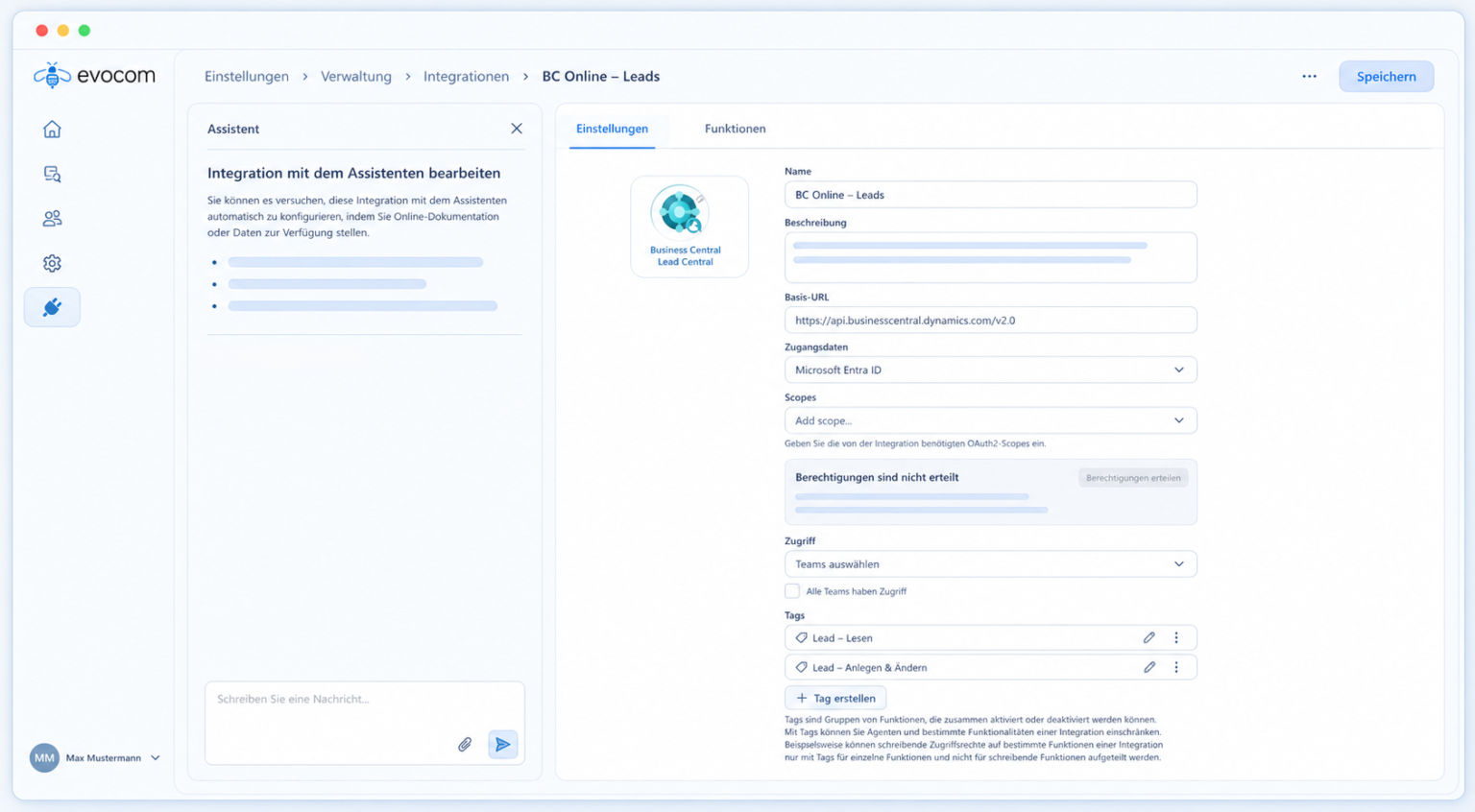 Zentrale Verwaltung von Integrationen mit Zugriffsteuerung, Authentifizierung und Teamfreigaben in Evocom AI